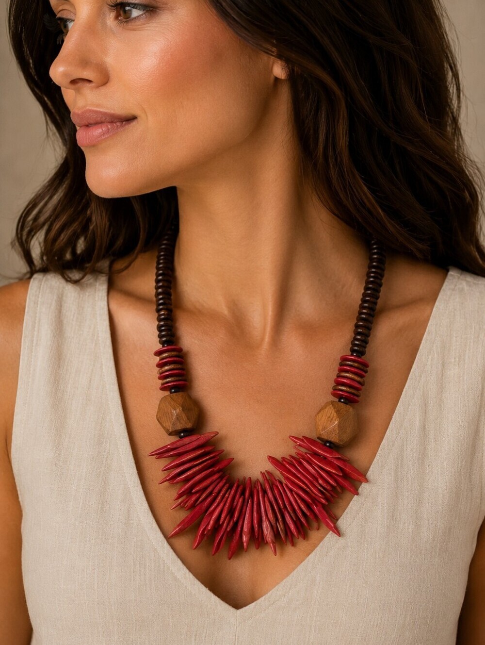 Vtg Horn Wood Beaded Tribal Warrior Avant Garde Festival Unisex Necklace